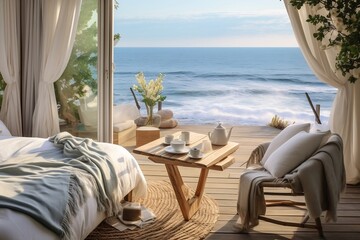 Fototapeta na wymiar Ocean View Room with Bed. Generative AI