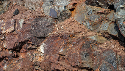 Iron ore texture closeup - natural minerals in the mine. Stone texture of open pit. Extraction of minerals for heavy industry - the texture of the rock containing iron ore and copper.