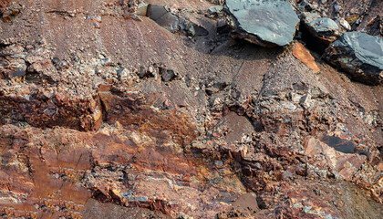 Iron ore texture closeup - natural minerals in the mine. Stone texture of open pit. Extraction of minerals for heavy industry - the texture of the rock containing iron ore and copper.