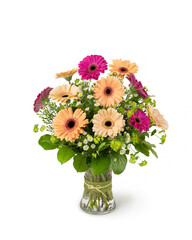 Floral flower arrangement - Gerbera Daisies in Glass Vase - Colorful floral arrangement isolated on white background - Florist, Small Business, Retail
