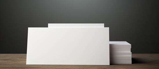White business cards placed on a grey background with blank space. Represents business, business