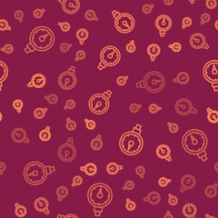 Brown line Tire pressure gauge icon isolated seamless pattern on red background. Checking tire pressure. Gauge, manometer. Car safe concept. Vector
