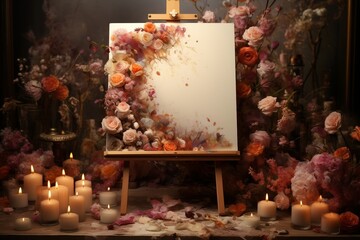 Artistic Display of a Blank Canvas with Flowers and Candles, Ai Generative