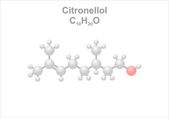 Citronellol. Simplified scheme of the molecule. Use in perfumes and cleaning products.