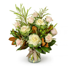 Floral flower arrangement - Roses and Kale in Glass Vase - floral arrangement isolated on white background - Florist, Small Business, Retail