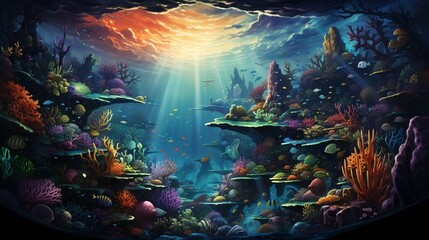 Obraz na płótnie Canvas A fantastical underwater dreamscape with bioluminescent creatures, shimmering seashells, and vibrant coral reefs in a vivid technicolor display