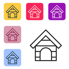 Black line Dog house icon isolated on white background. Dog kennel. Set icons in color square buttons. Vector