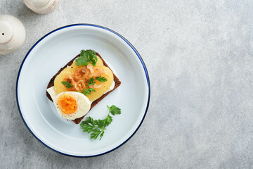 Open sandwich or smorrebrod with rye bread, herring, eggs, caramelized onions, parsley and cottage cheese on old wooden rustic table backgrounds. Danish or Scandinavian traditional food snack lunch.