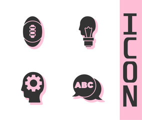 Set Alphabet, American Football ball, Head with gear inside and Light bulb concept of idea icon. Vector