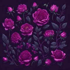Beautiful pink roses set on a dark background. Stylized illustration in a mysterious mystical aristocratic style. Graphic design.