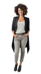 Black businesswoman png, looking at camera on transparent background, isolated, elegant, african american woman, full body