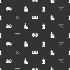 Set Bottle for cleaning agent, Ironing board, Sponge and on seamless pattern. Vector