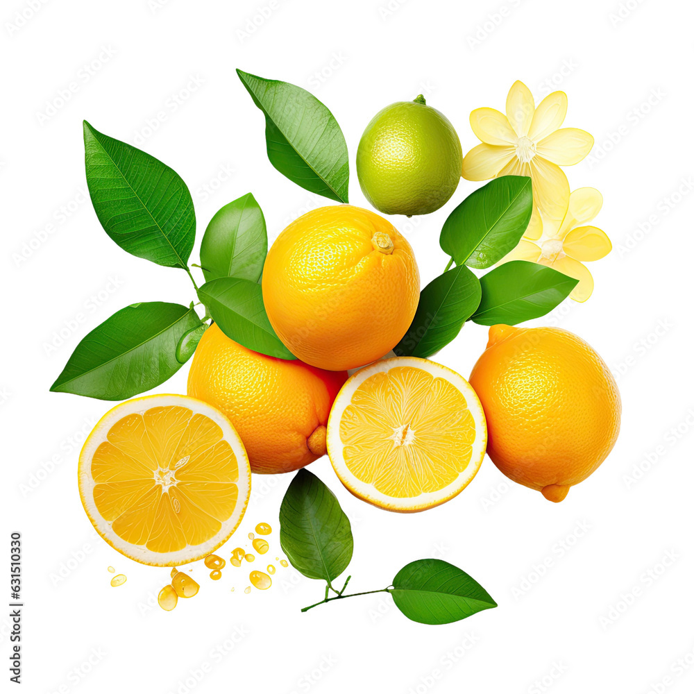 Wall mural citrus fruits and leaves on white backround.