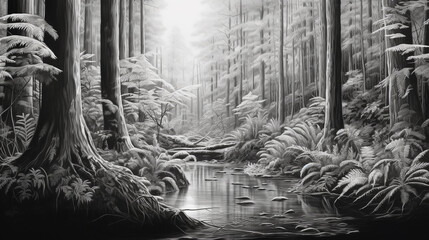 Hand drawn illustration using pencil medium of a forest with a small trail through it. The atmosphere of the forest during the day is foggy. The big trees are upright and tall.