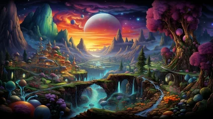 Foto op Canvas A surreal dreamscape with floating islands, rainbow waterfalls, and gravity-defying landscapes in a technicolor wonderland © Tina