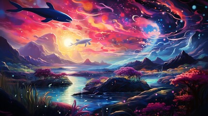 A surreal technicolor dreamscape with floating whales, upside-down mountains, and gravity-defying landscapes in a world turned on its head