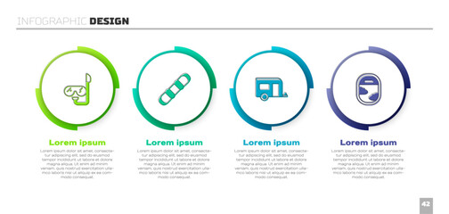 Set Diving mask and snorkel, Snowboard, Rv Camping trailer and Airplane window. Business infographic template. Vector