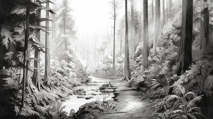Hand drawn illustration using pencil medium of a forest with a small trail through it. The atmosphere of the forest during the day is foggy. The big trees are upright and tall.