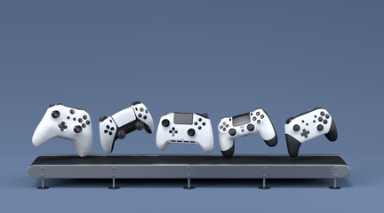 Set of gamer joysticks or gamepads on factory line on black background