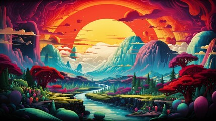 A surreal technicolor dreamscape with melting landscapes, vibrant color river, and gold sun sky color paint - obrazy, fototapety, plakaty