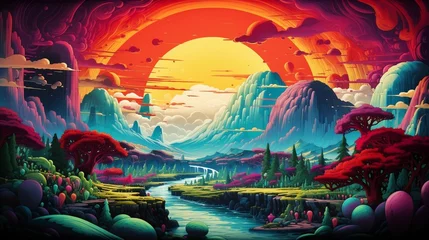 Fotobehang A surreal technicolor dreamscape with melting landscapes, vibrant color river, and gold sun sky color paint © Tina