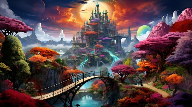 A surreal technicolor dreamscape featuring floating islands, rainbow bridges, and levitating objects