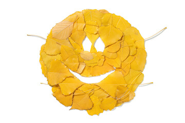 Smiling face from yellow autumn leaves on a white background. Flat lay