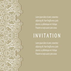 Invitation or Card template with lacе frame border, doodle line pattern, mandala element. Decorative openwork filigree art background for Wedding, Valentine's day greeting card, Birthday Invitation