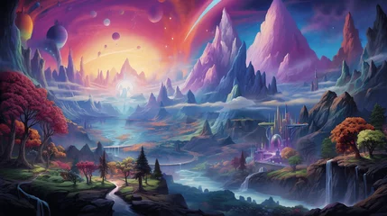 Poster Paysage fantastique A surreal dreamscape with levitating islands, rainbow waterfalls, and distorted perspectives in a mesmerizing technicolor realm dream
