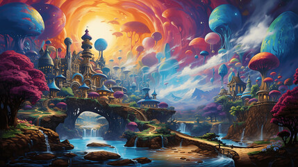 A surreal technicolor dreamscape featuring floating islands, rainbow dream bridges