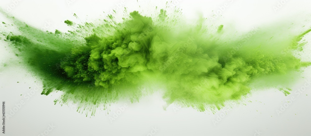Poster green powder or dust explosion in a square border on a white backdrop, available space for use.