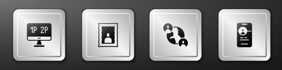 Set Computer monitor screen, Picture frame, BFF best friends forever and Dating app online icon. Silver square button. Vector