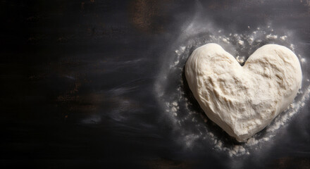 Raw heart-shaped dough and flour on dark background, top view, copy space