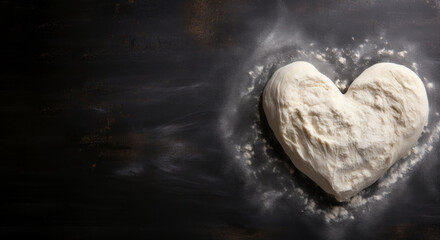 Raw heart-shaped dough and flour on dark background, top view, copy space - Powered by Adobe