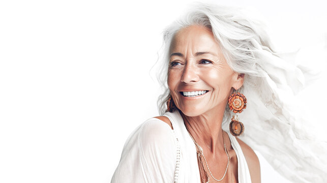 Portrait of a smiling woman in her 70s on a white background. Lifestyle.