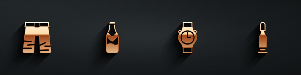 Set Wide pants, Beer bottle, Wrist watch and Bullet icon with long shadow. Vector