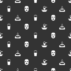 Set Honey dipper stick with bowl, Aroma candle, Sauna bucket and Facial cosmetic mask on seamless pattern. Vector