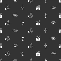 Set Leaf Eco symbol, Solar energy panel, in hand and Wind turbine on seamless pattern. Vector