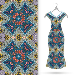 Vector fashion illustration. Women's dress model on a hanger and colorful seamless pattern for textile fabric or paper print. Party dress design, Summer cloth collection, isolated elements