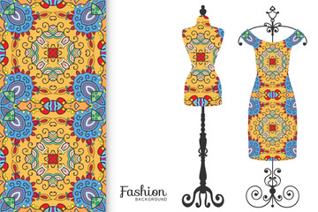 Vector fashion illustration. Vintage tailor dummy, dress model, colorful seamless pattern for textile fabric, paper print, invitation, business card design. Boho style isolated clothes collection