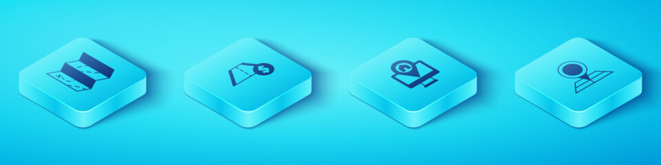 Set Isometric Folded map, Toll road traffic, with location marker and Monitor icon. Vector