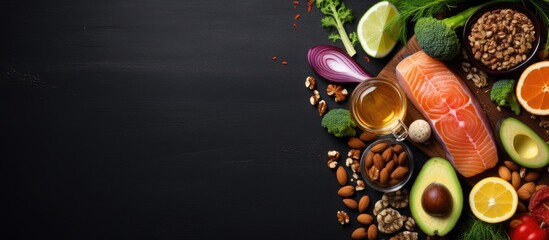 Fototapeta Top view of various food sources of omega 3 on a dark background with copy space. These include obraz