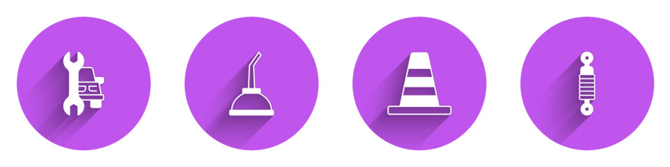 Set Car service, Canister for motor machine oil, Traffic cone and Shock absorber icon with long shadow. Vector