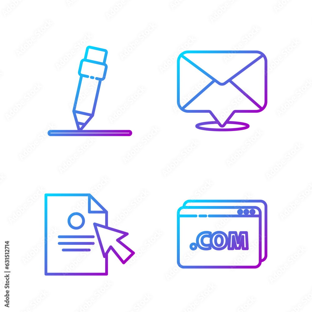 Poster set line website template, document and cursor, pencil with eraser and envelope. gradient color icon