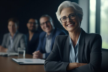 Old businesswoman leads team with confidence in boardroom meeting.