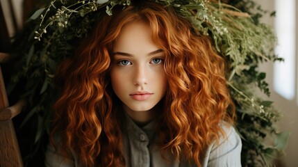 Fototapeta premium Portrait of a Halloween witch. Beautiful autumn model portrait. Girl in fall leaves.