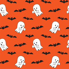 Cute halloween ghost and bat seamless pattern on orange background. Great vector illustration for kids and home decor projects.