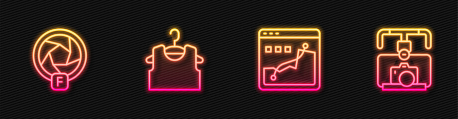 Set line Histogram graph photography, Camera shutter, Sleeveless T-shirt and Gimbal stabilizer with camera. Glowing neon icon. Vector