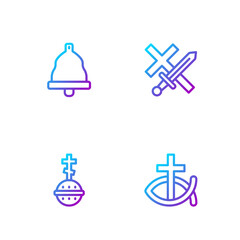 Set line Christian fish, cross, Church bell and Crusade. Gradient color icons. Vector