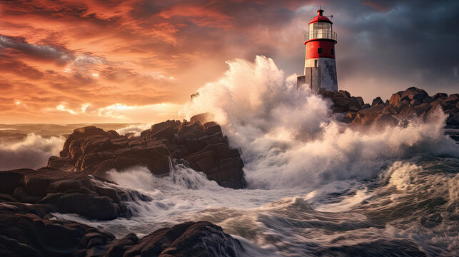 Dramatic painting of a lighthouse with crashing ocean waves at sunset.